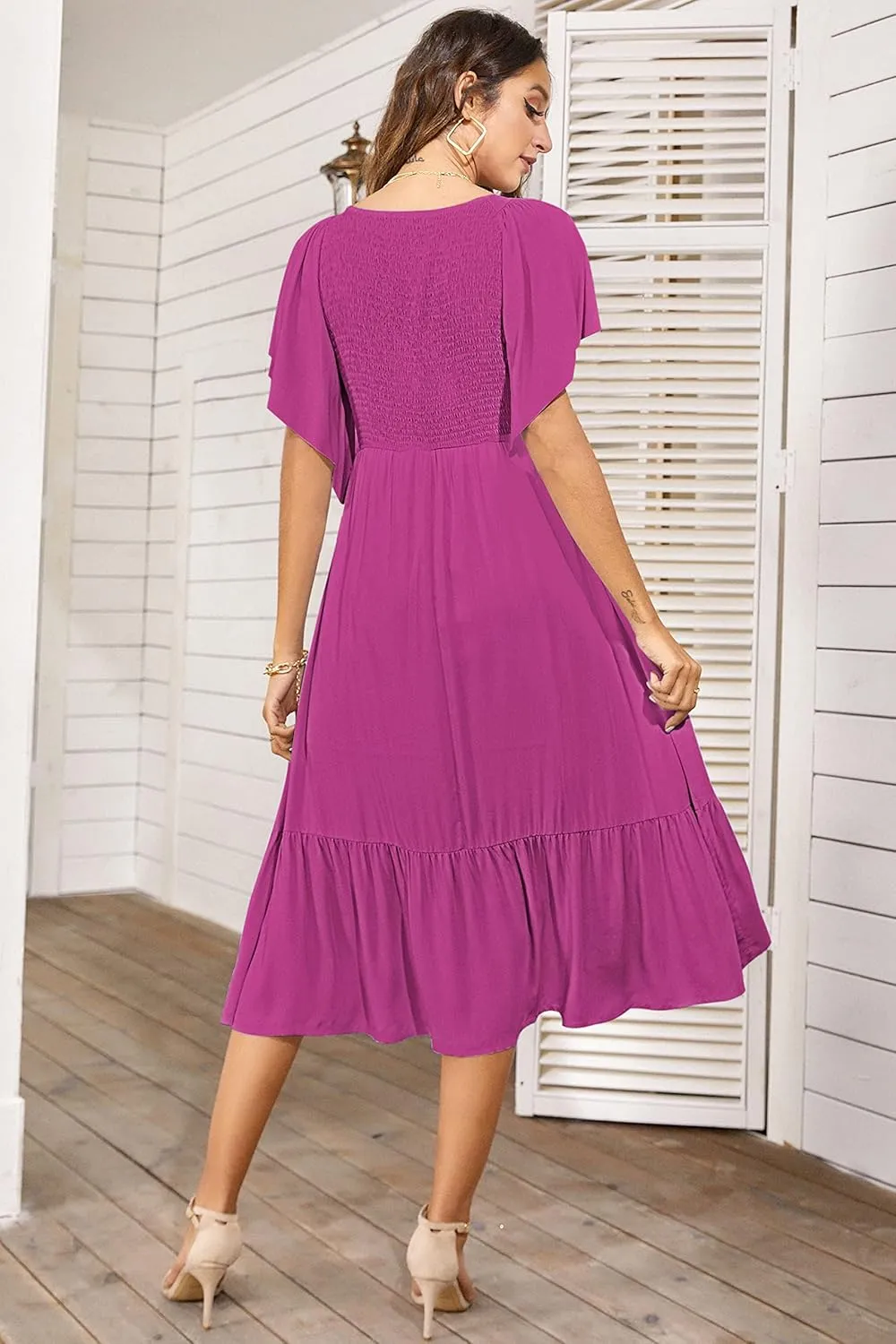 PYGFEMR Women's Summer Empire Waist Dress Smocked Flutter Short Sleeve V Neck Midi Dresses