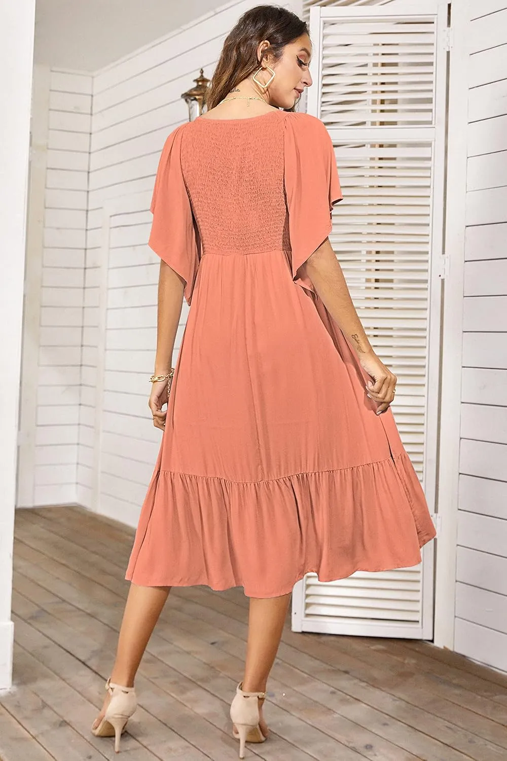 PYGFEMR Women's Summer Empire Waist Dress Smocked Flutter Short Sleeve V Neck Midi Dresses