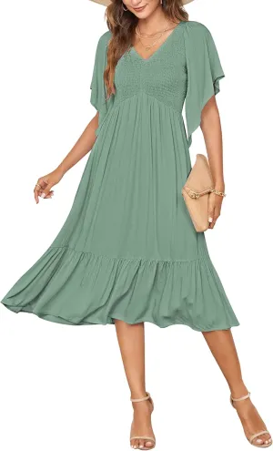PYGFEMR Women's Summer Empire Waist Dress Smocked Flutter Short Sleeve V Neck Midi Dresses