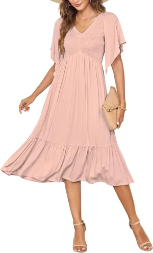 PYGFEMR Women's Summer Empire Waist Dress Smocked Flutter Short Sleeve V Neck Midi Dresses
