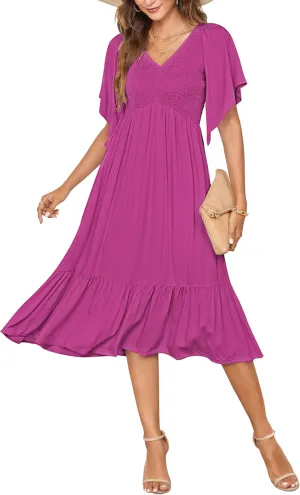 PYGFEMR Women's Summer Empire Waist Dress Smocked Flutter Short Sleeve V Neck Midi Dresses