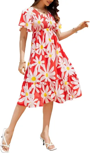 PYGFEMR Women's Summer Empire Waist Dress Smocked Flutter Short Sleeve V Neck Midi Dresses