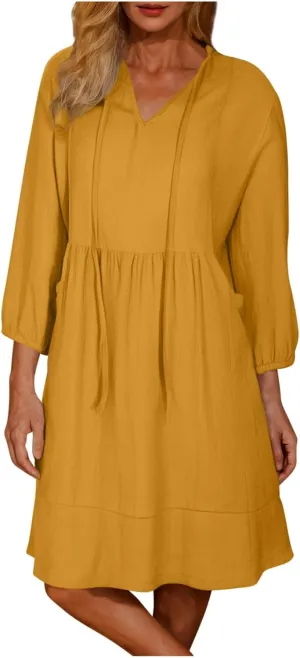 QIGUAND Women Drawstring V Neck A-Line Dress Summer 3/4 Sleeve Babydoll Knee Length Dresses Casual Loose Shirt Dress Pocketed