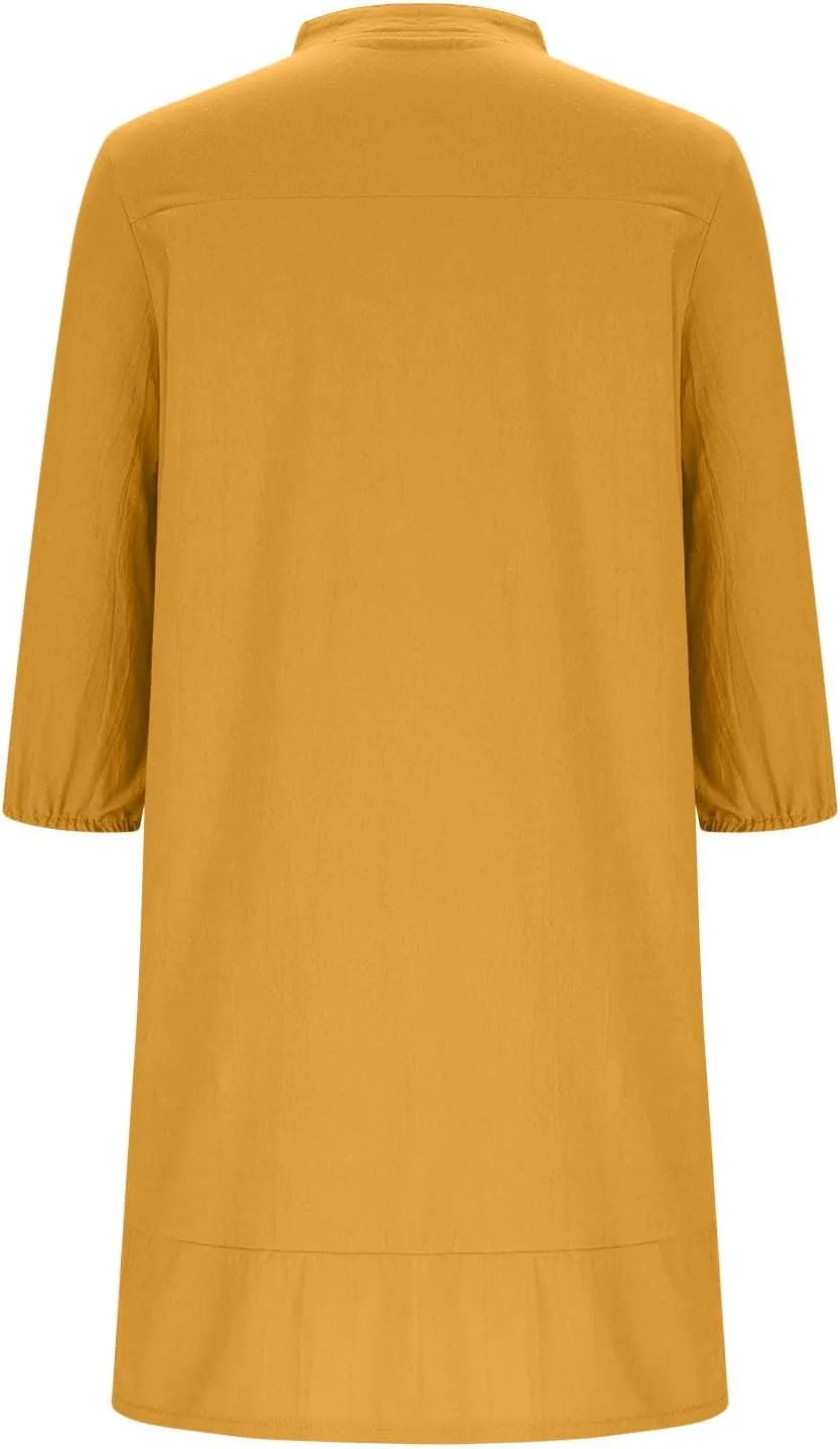 QIGUAND Women Drawstring V Neck A-Line Dress Summer 3/4 Sleeve Babydoll Knee Length Dresses Casual Loose Shirt Dress Pocketed