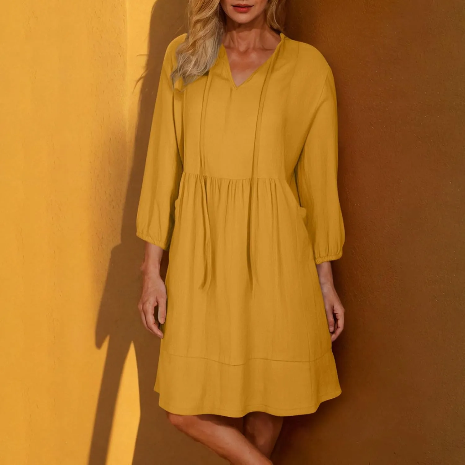 QIGUAND Women Drawstring V Neck A-Line Dress Summer 3/4 Sleeve Babydoll Knee Length Dresses Casual Loose Shirt Dress Pocketed