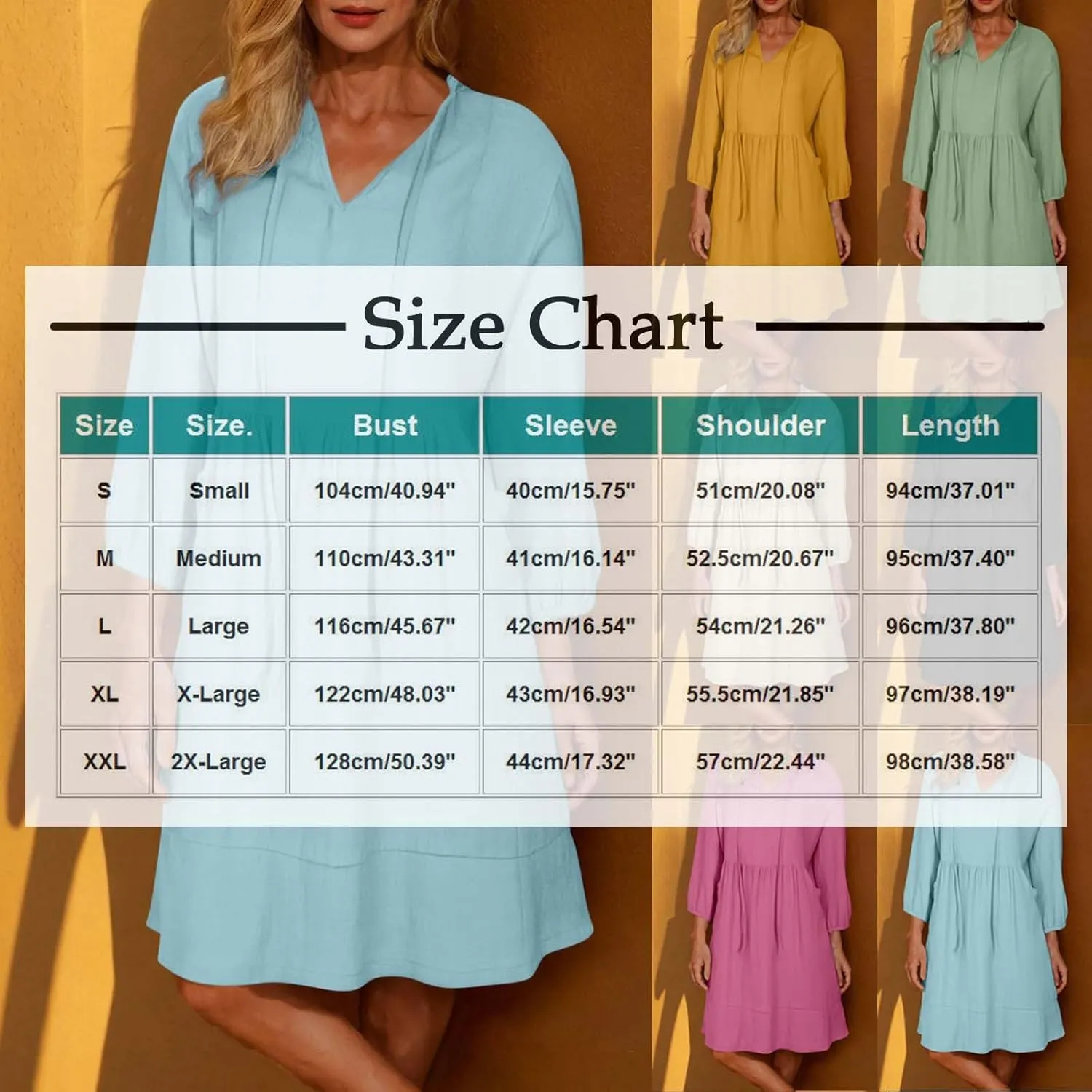 QIGUAND Women Drawstring V Neck A-Line Dress Summer 3/4 Sleeve Babydoll Knee Length Dresses Casual Loose Shirt Dress Pocketed