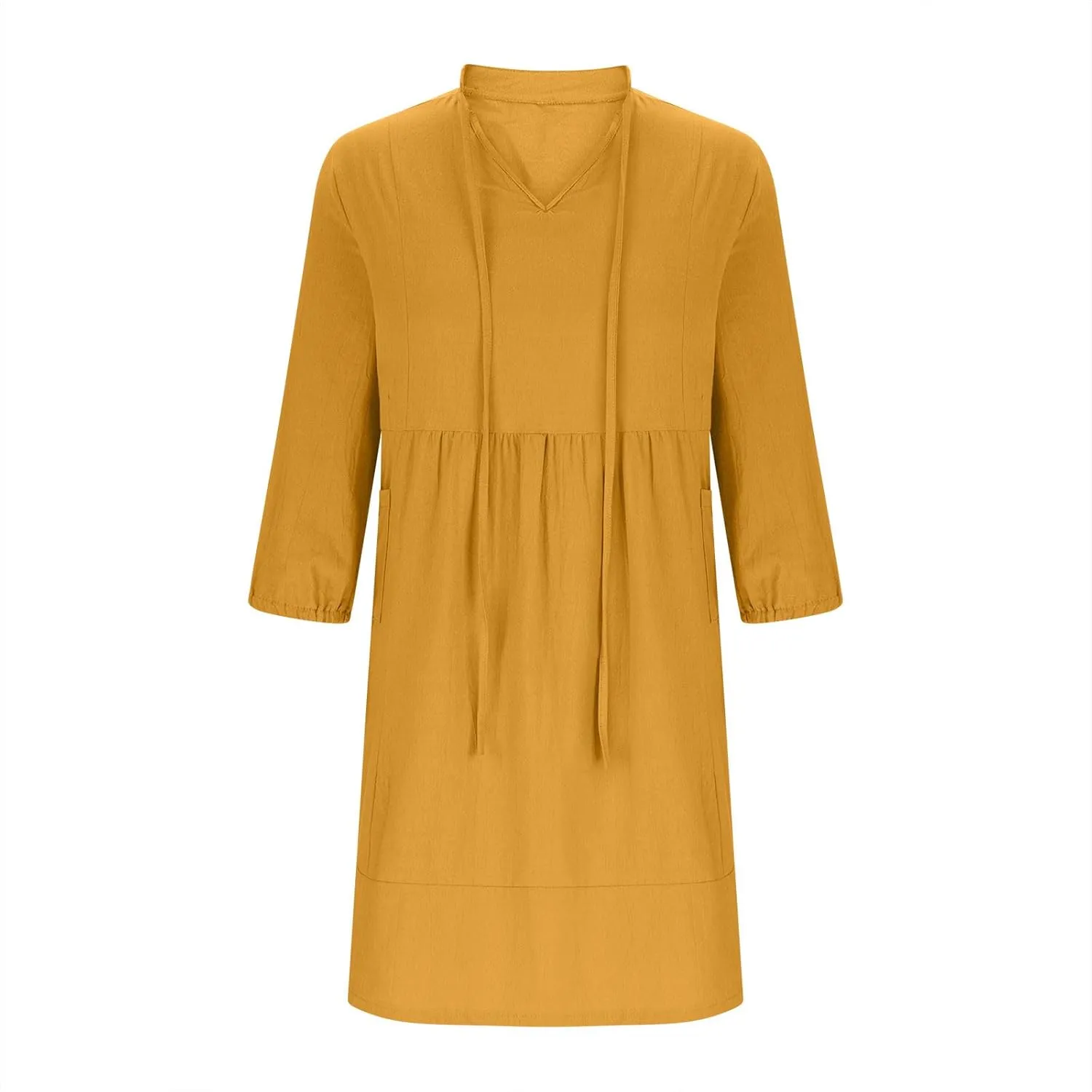 QIGUAND Women Drawstring V Neck A-Line Dress Summer 3/4 Sleeve Babydoll Knee Length Dresses Casual Loose Shirt Dress Pocketed
