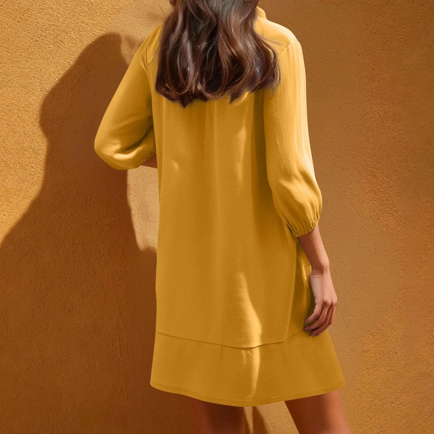 QIGUAND Women Drawstring V Neck A-Line Dress Summer 3/4 Sleeve Babydoll Knee Length Dresses Casual Loose Shirt Dress Pocketed