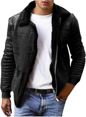 QWENTMTNTY Mens Faux Leather Aviator Bomber Jackets Fashion Sherpa Fleece Lined Trucker Jacket Big and Tall Vintage Winter Coats