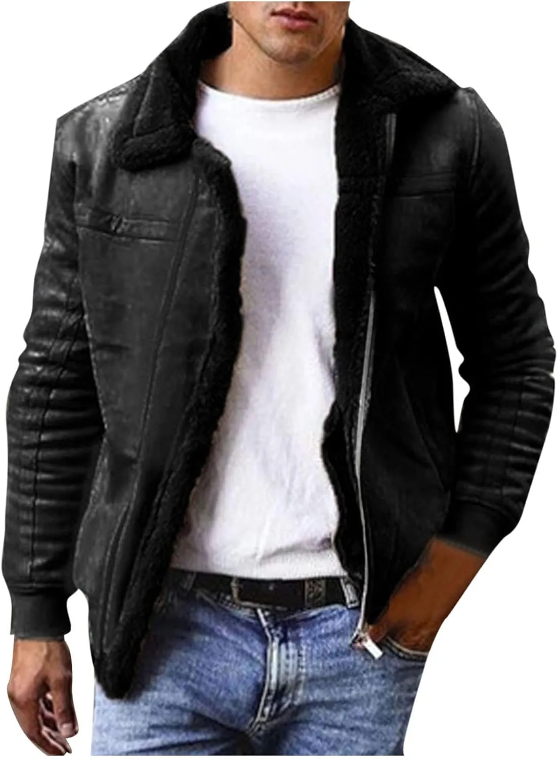 QWENTMTNTY Mens Faux Leather Aviator Bomber Jackets Fashion Sherpa Fleece Lined Trucker Jacket Big and Tall Vintage Winter Coats