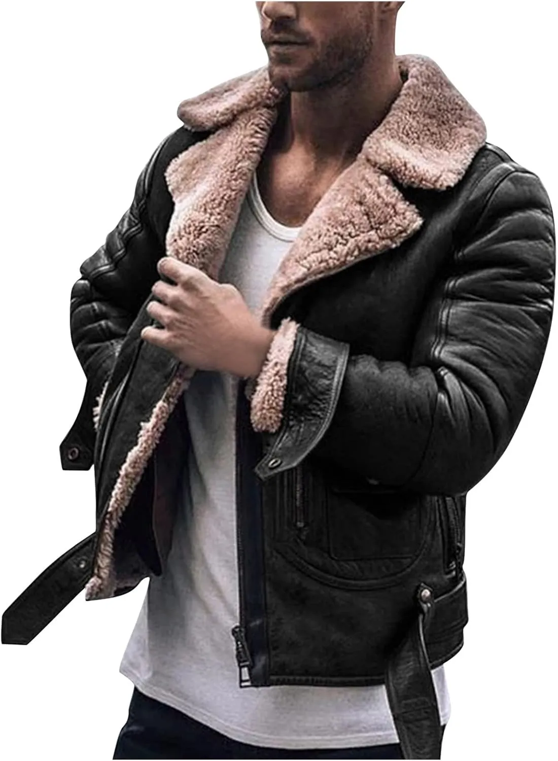 QWENTMTNTY Mens Faux Leather Sherpa Bomber Jackets Slim Fit Winter Fashion Lamskin Fleece Lined Lapel Motorcycle Jacket Outerwear Coat