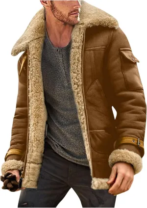 QWENTMTNTY Mens Sherpa Fleece Lined Faux Leather Jacket Heavyweight Zip Up Bomber Jackets Vintage Slim Fit Winter Suede Coats
