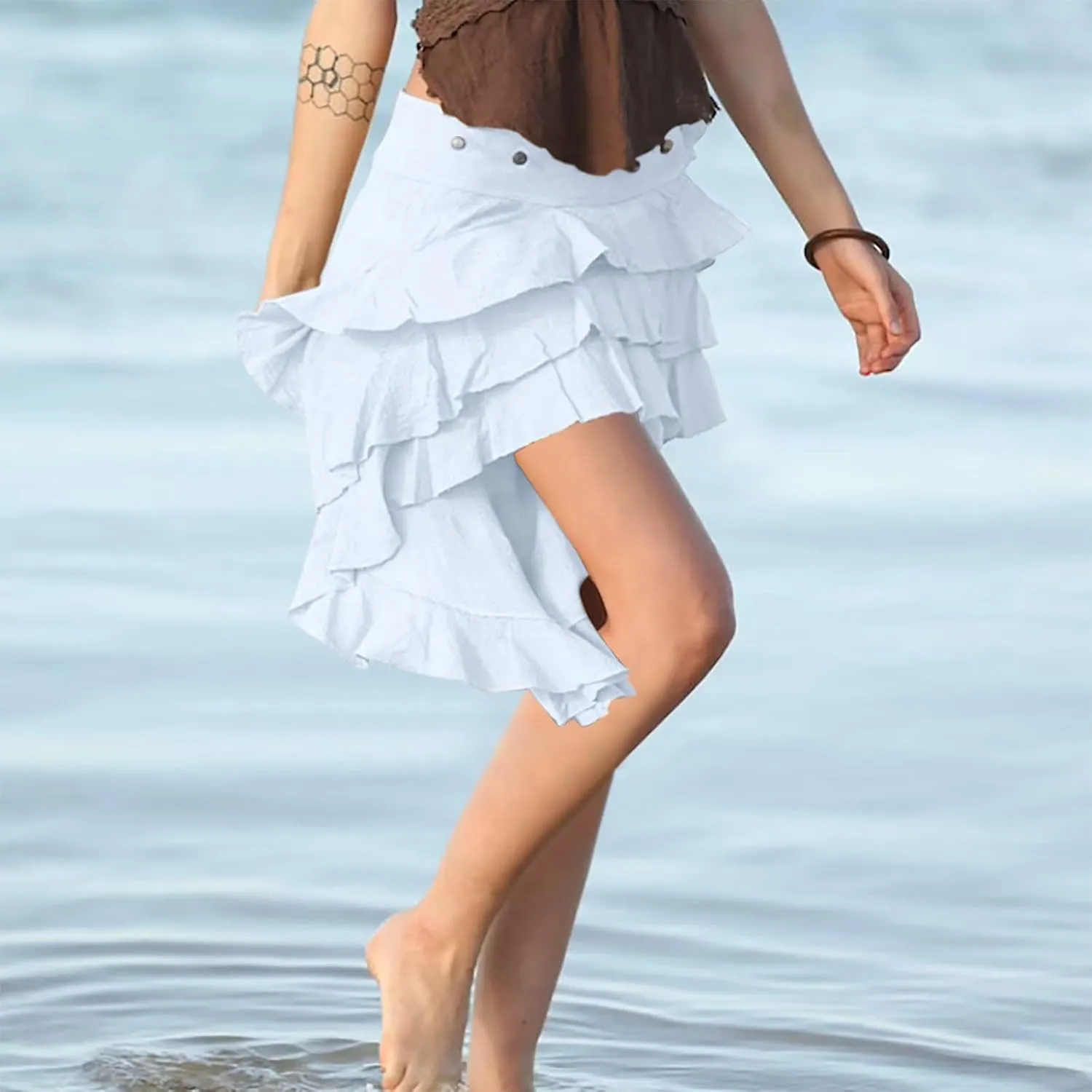 Ruffle Smocked Skirt for Women Summer Fashion Boho Beach Vacation Irregular Hem Skorts Casual Solid Tiered Skirts