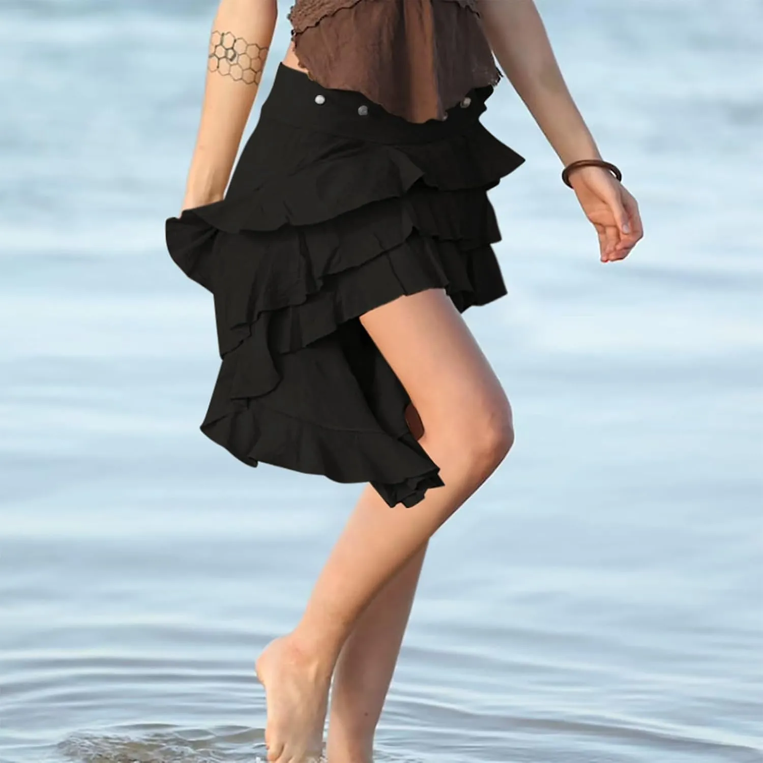 Ruffle Smocked Skirt for Women Summer Fashion Boho Beach Vacation Irregular Hem Skorts Casual Solid Tiered Skirts