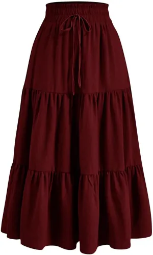 Ruffle Tiered Maxi Skirts for Women Summer Solid Elastic Waisted Skirt Casual Loose Fit Comfy Skirts with Drawstring