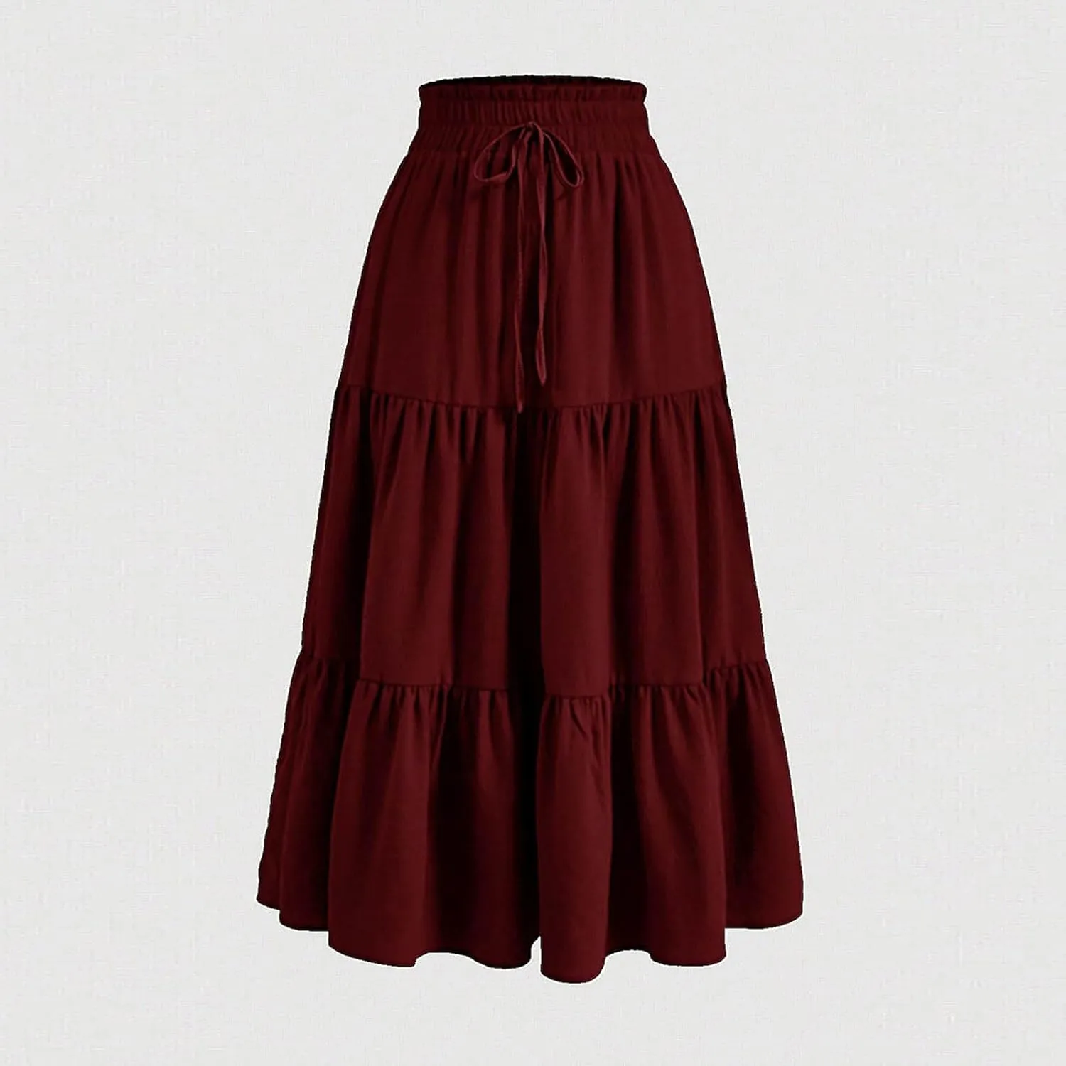 Ruffle Tiered Maxi Skirts for Women Summer Solid Elastic Waisted Skirt Casual Loose Fit Comfy Skirts with Drawstring