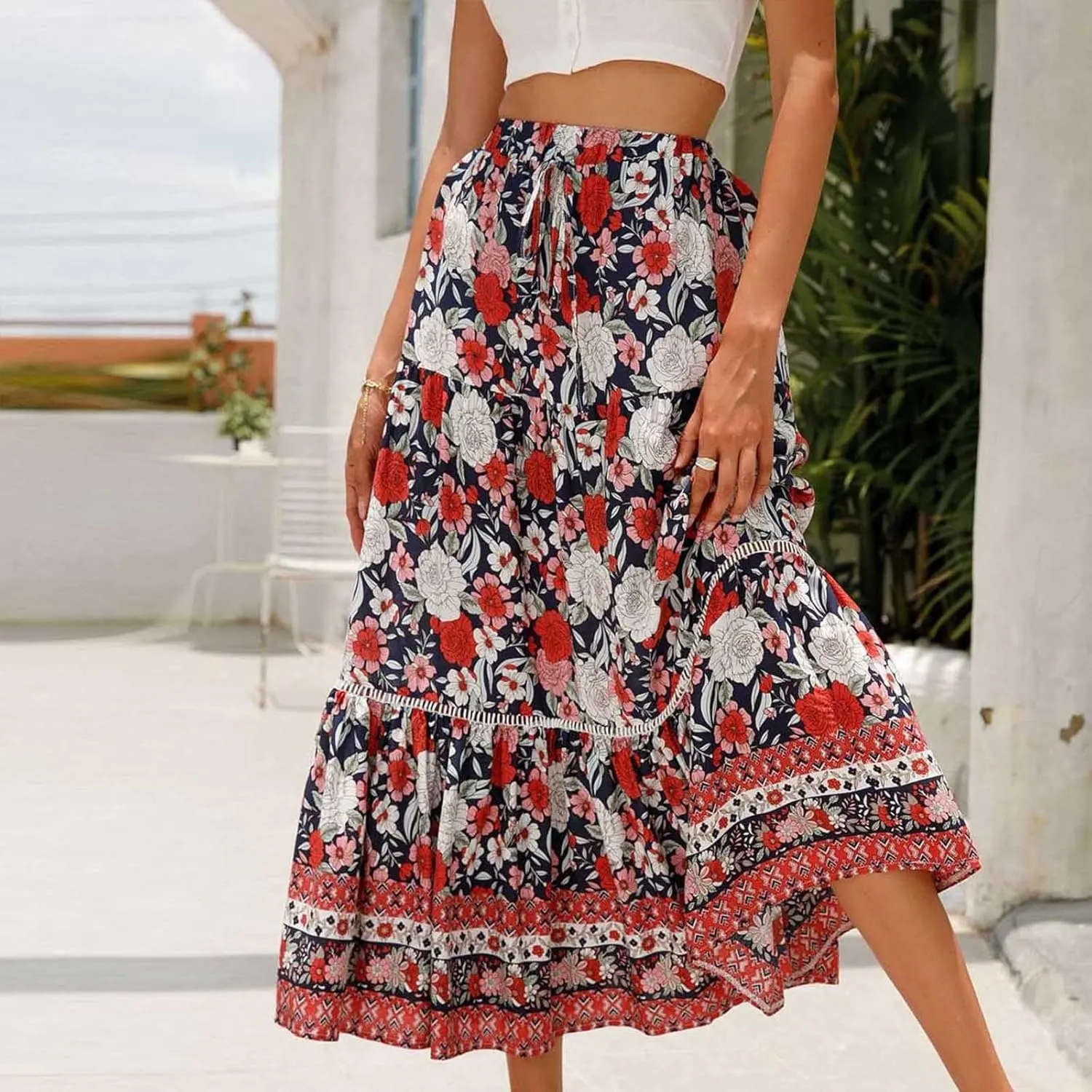 Ruziyoog Womens Boho Floral Print Summer Dress Maxi Skirt High Waisted Flowy Tiered Skirt Vacation Beach Swing A-Line Skirts