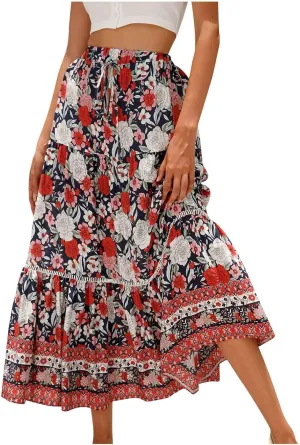 Ruziyoog Womens Boho Floral Print Summer Dress Maxi Skirt High Waisted Flowy Tiered Skirt Vacation Beach Swing A-Line Skirts