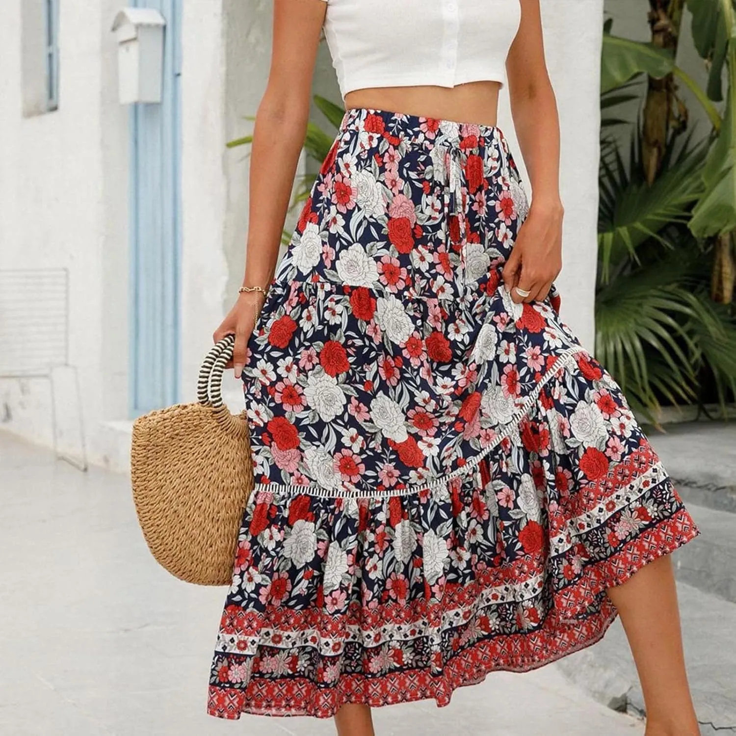 Ruziyoog Womens Boho Floral Print Summer Dress Maxi Skirt High Waisted Flowy Tiered Skirt Vacation Beach Swing A-Line Skirts