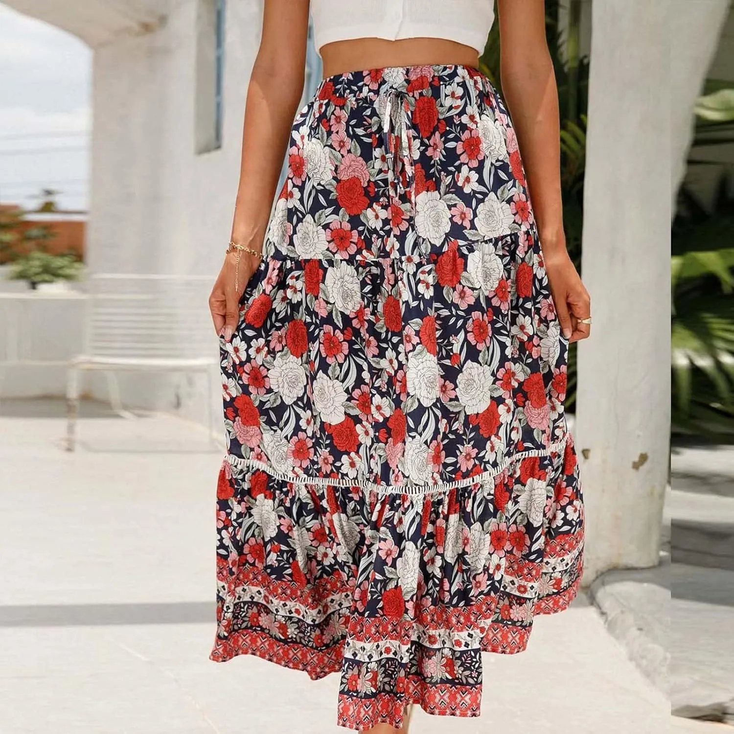 Ruziyoog Womens Boho Floral Print Summer Dress Maxi Skirt High Waisted Flowy Tiered Skirt Vacation Beach Swing A-Line Skirts