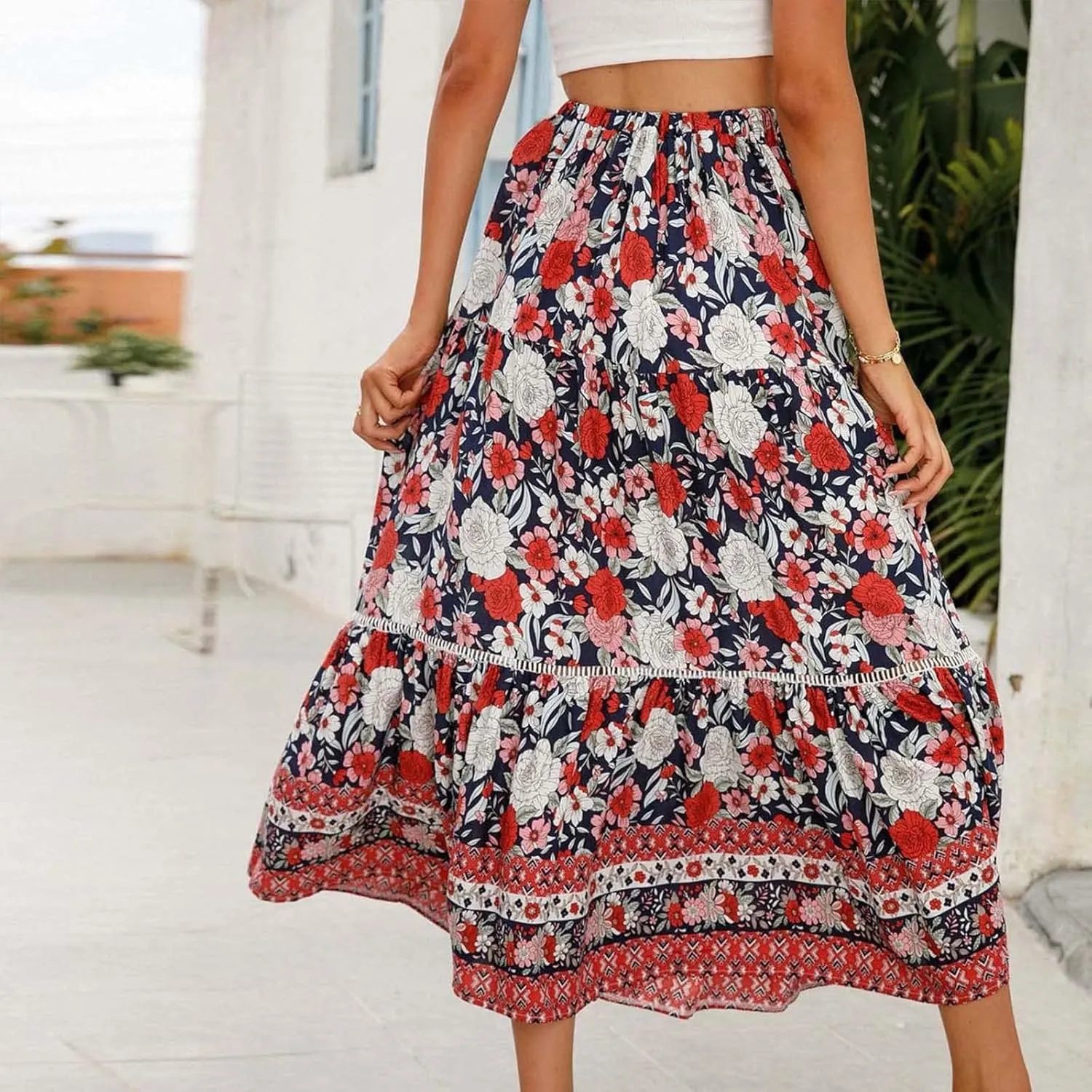 Ruziyoog Womens Boho Floral Print Summer Dress Maxi Skirt High Waisted Flowy Tiered Skirt Vacation Beach Swing A-Line Skirts