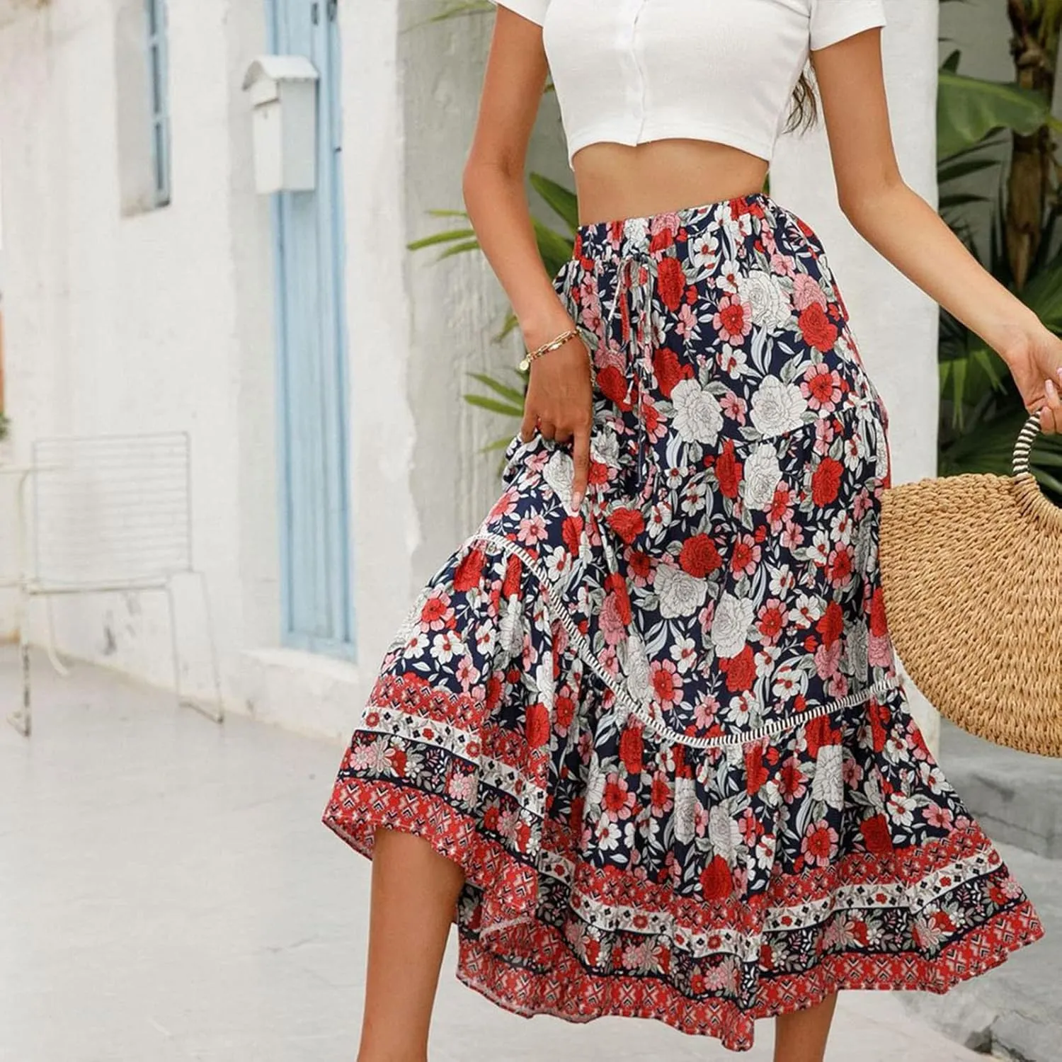 Ruziyoog Womens Boho Floral Print Summer Dress Maxi Skirt High Waisted Flowy Tiered Skirt Vacation Beach Swing A-Line Skirts