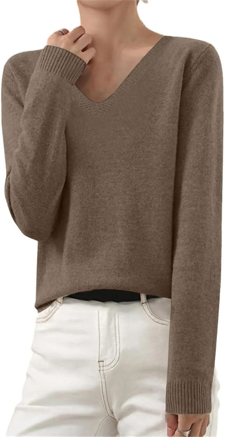 SERYU Womens V Neck Cashmere Sweater Long Sleeve Lightweight Knit Tops Trendy Jumper Knitted Pullover Cashmere Sweater