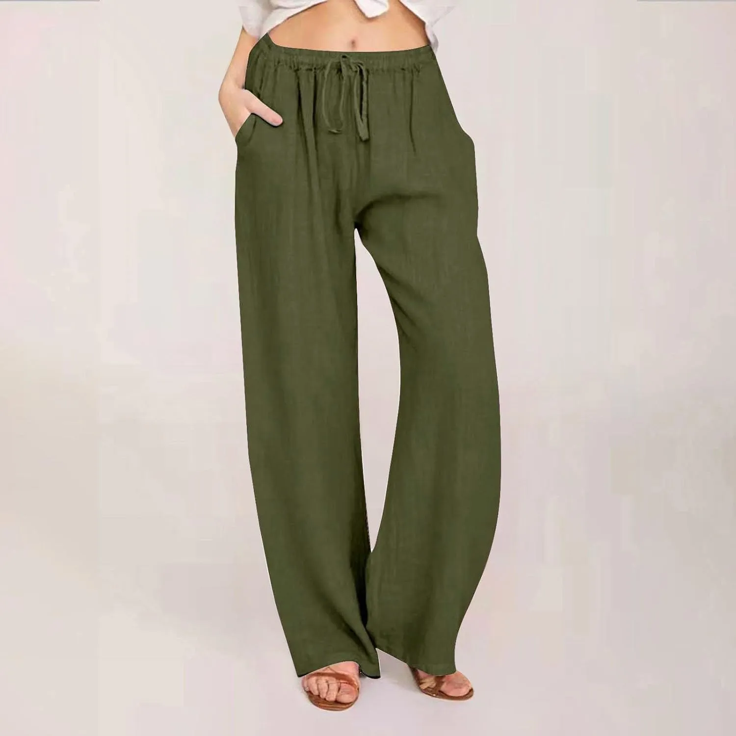 SHAOBGE Cotton Linen Pants for Women Summer Wide Leg Casual Loose Drawstring High Waist Palazzo Pants Trousers with Pockets