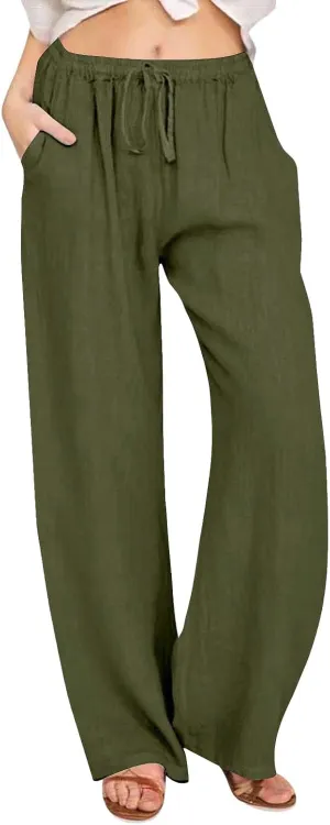 SHAOBGE Cotton Linen Pants for Women Summer Wide Leg Casual Loose Drawstring High Waist Palazzo Pants Trousers with Pockets
