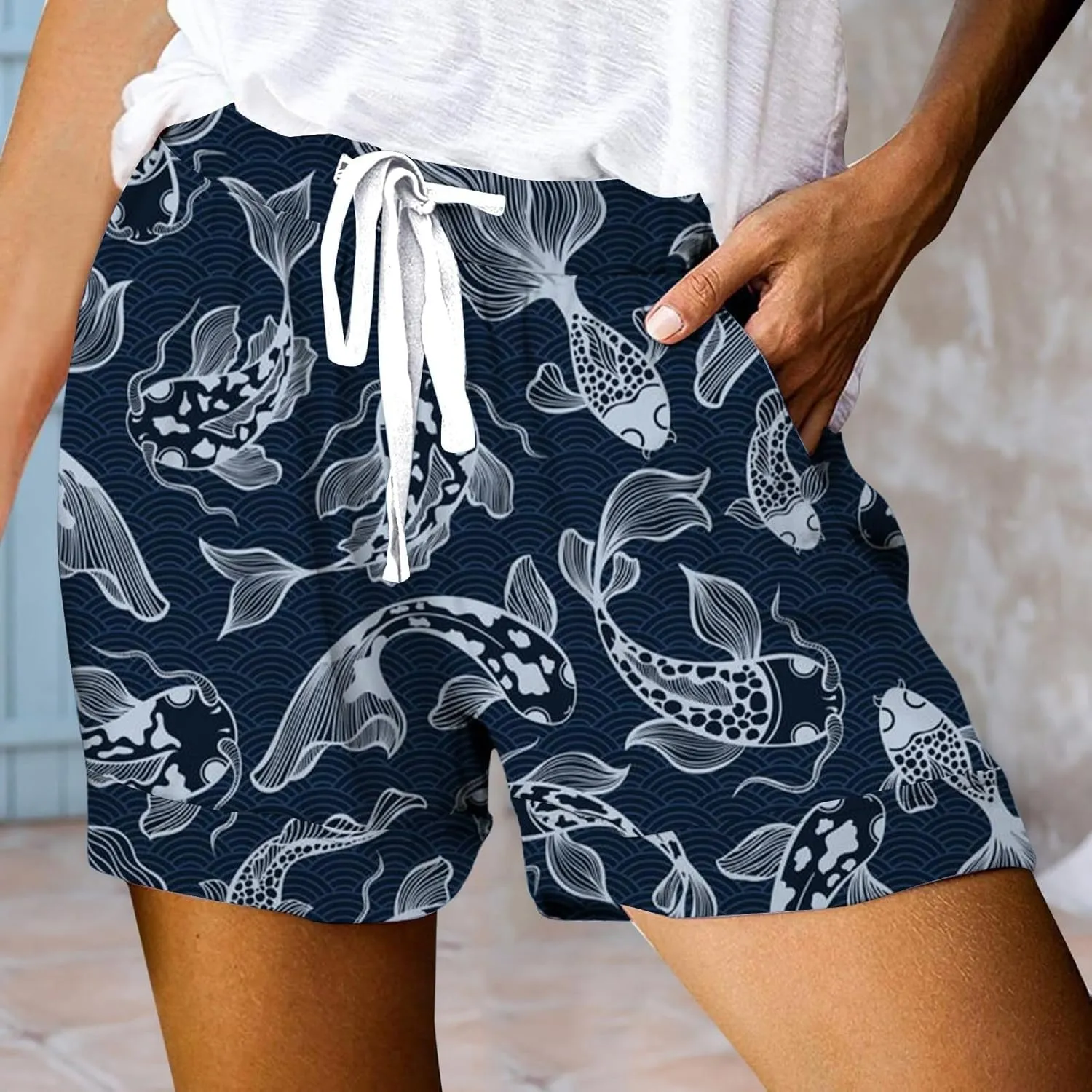 Shorts for Women Heart Print High Elastic Waisted Drawstring Comfy Shorts Lightweight Casual Summer Beach Shorts with Pocket