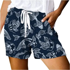 Shorts for Women Heart Print High Elastic Waisted Drawstring Comfy Shorts Lightweight Casual Summer Beach Shorts with Pocket