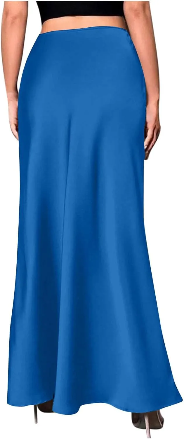 Silk Satin Maxi Skirt for Women Solid Fashion Elegant High Waisted Skirts Summer Cocktail Party Wedding A Line Skort