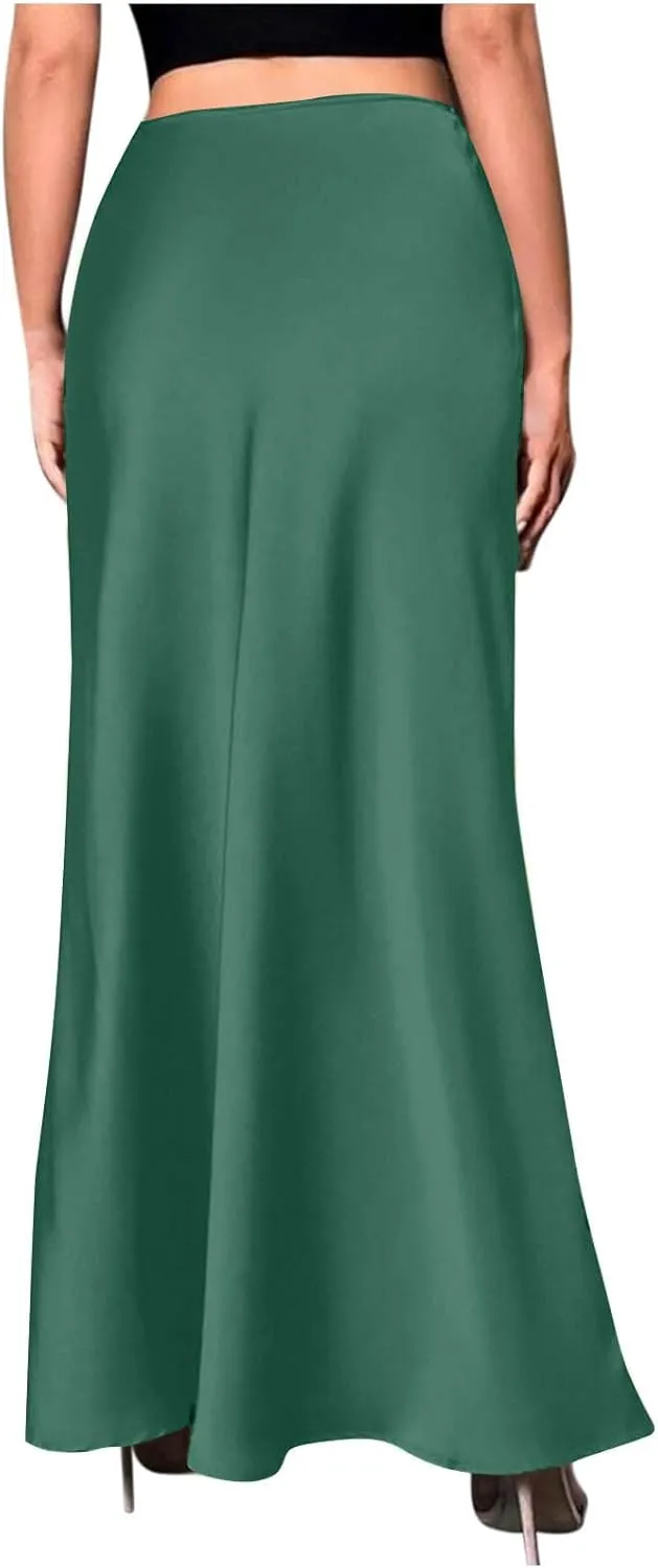 Silk Satin Maxi Skirt for Women Solid Fashion Elegant High Waisted Skirts Summer Cocktail Party Wedding A Line Skort
