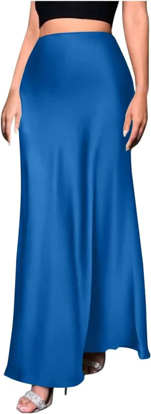 Silk Satin Maxi Skirt for Women Solid Fashion Elegant High Waisted Skirts Summer Cocktail Party Wedding A Line Skort