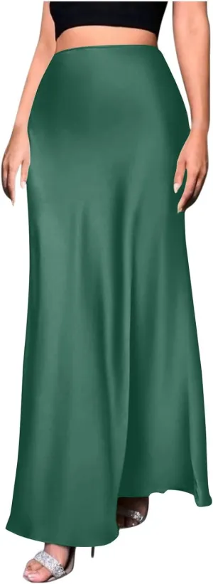 Silk Satin Maxi Skirt for Women Solid Fashion Elegant High Waisted Skirts Summer Cocktail Party Wedding A Line Skort