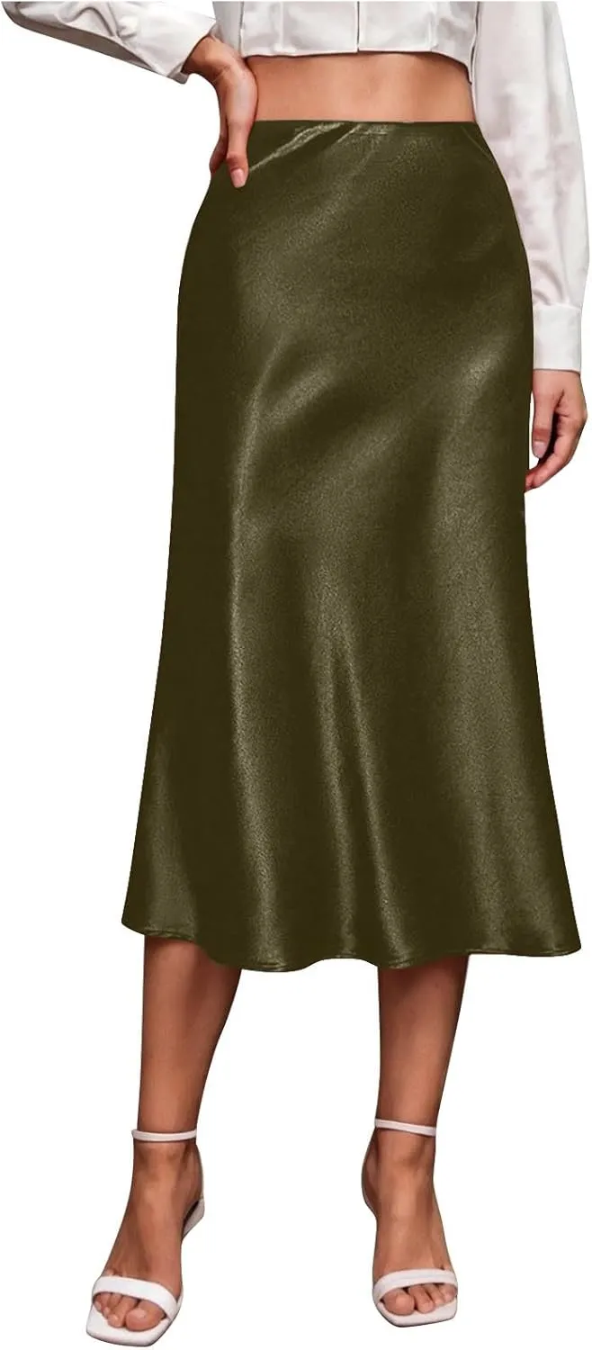 Silk Skirts for Women Satin High Waisted Midi Skirt Elegant A Line Skirt Business Casual Cocktail Party Dress 2025