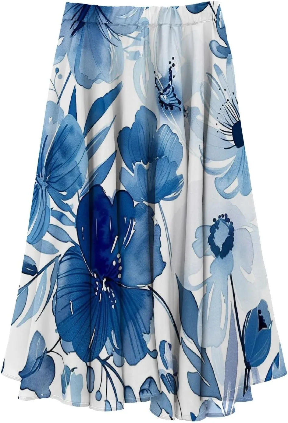 Skirts for Women Trendy Summer Fall Retro Floral Art Linen Elastic High Waist Tiered Long Maxi Skirt with Pockets