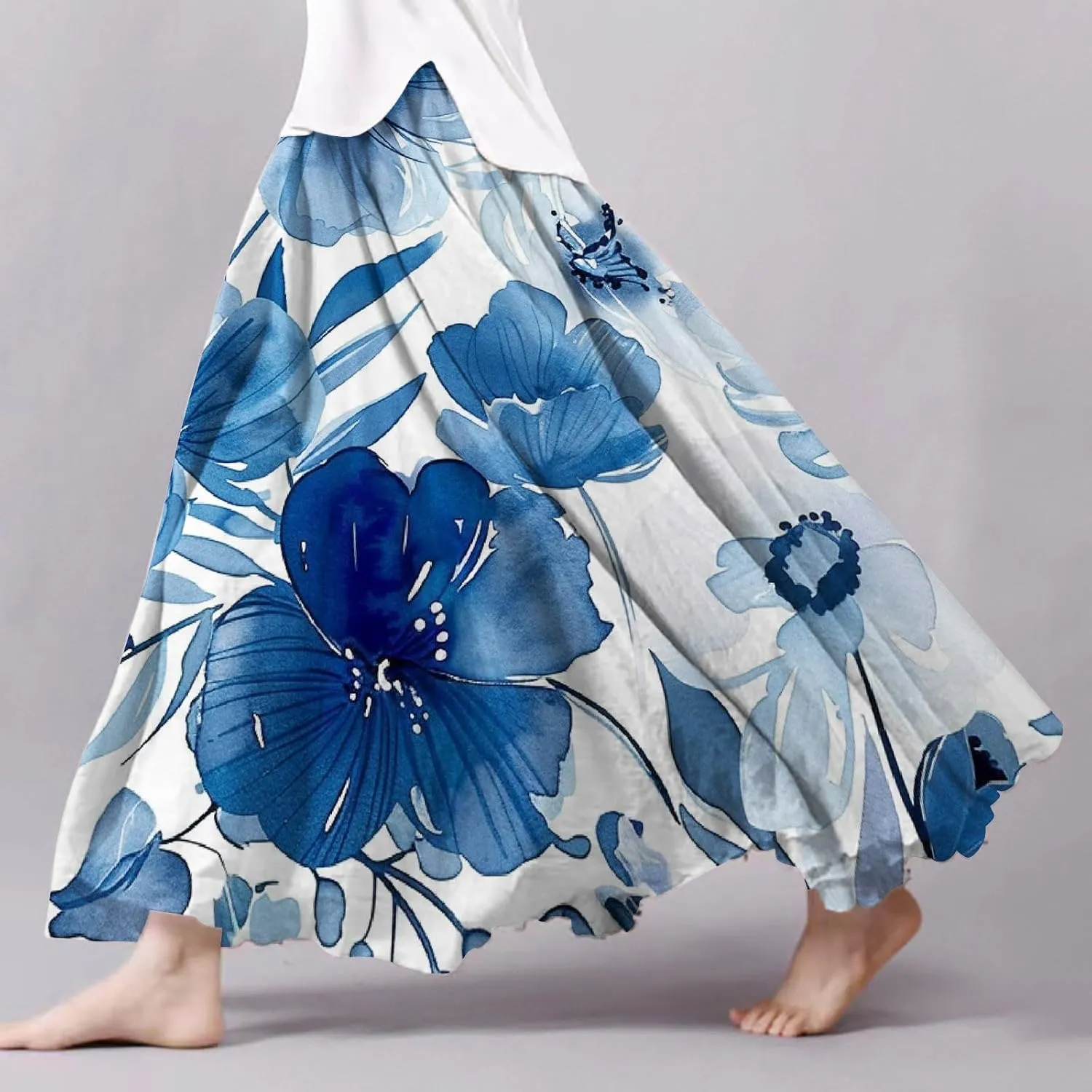 Skirts for Women Trendy Summer Fall Retro Floral Art Linen Elastic High Waist Tiered Long Maxi Skirt with Pockets