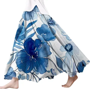 Skirts for Women Trendy Summer Fall Retro Floral Art Linen Elastic High Waist Tiered Long Maxi Skirt with Pockets