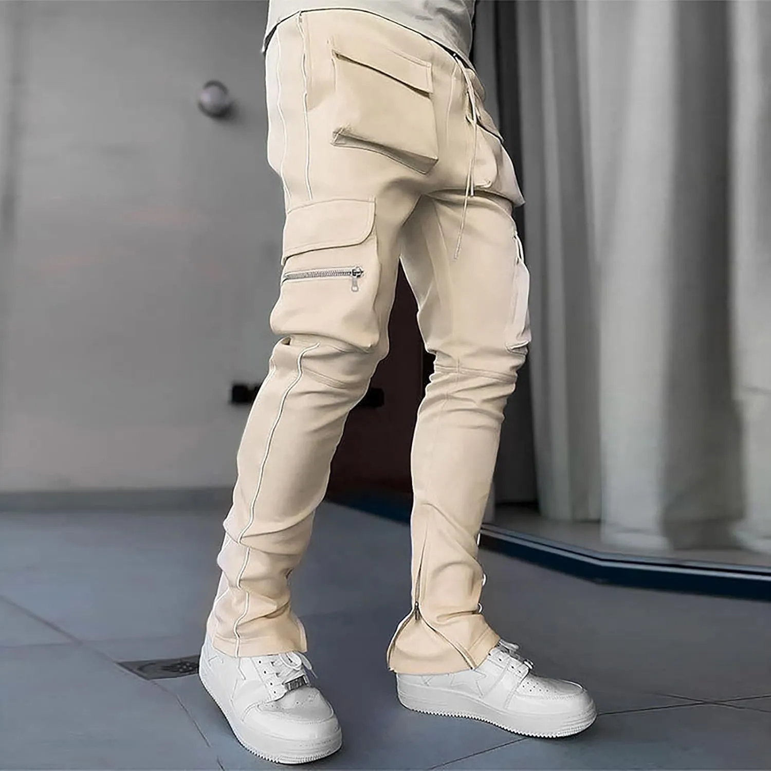 Slim Fit Cargo Pants for Men Multi-Pocket Reflective Straight-Leg Solid Casual Overalls Trousers Stylish Daily Wear