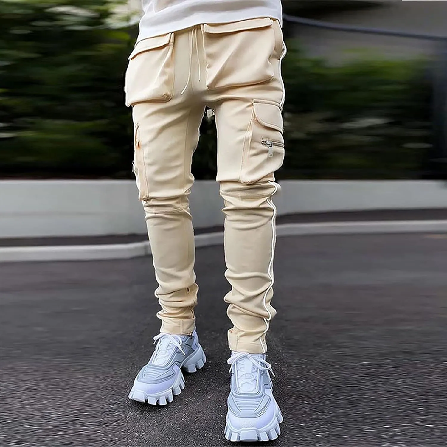 Slim Fit Cargo Pants for Men Multi-Pocket Reflective Straight-Leg Solid Casual Overalls Trousers Stylish Daily Wear