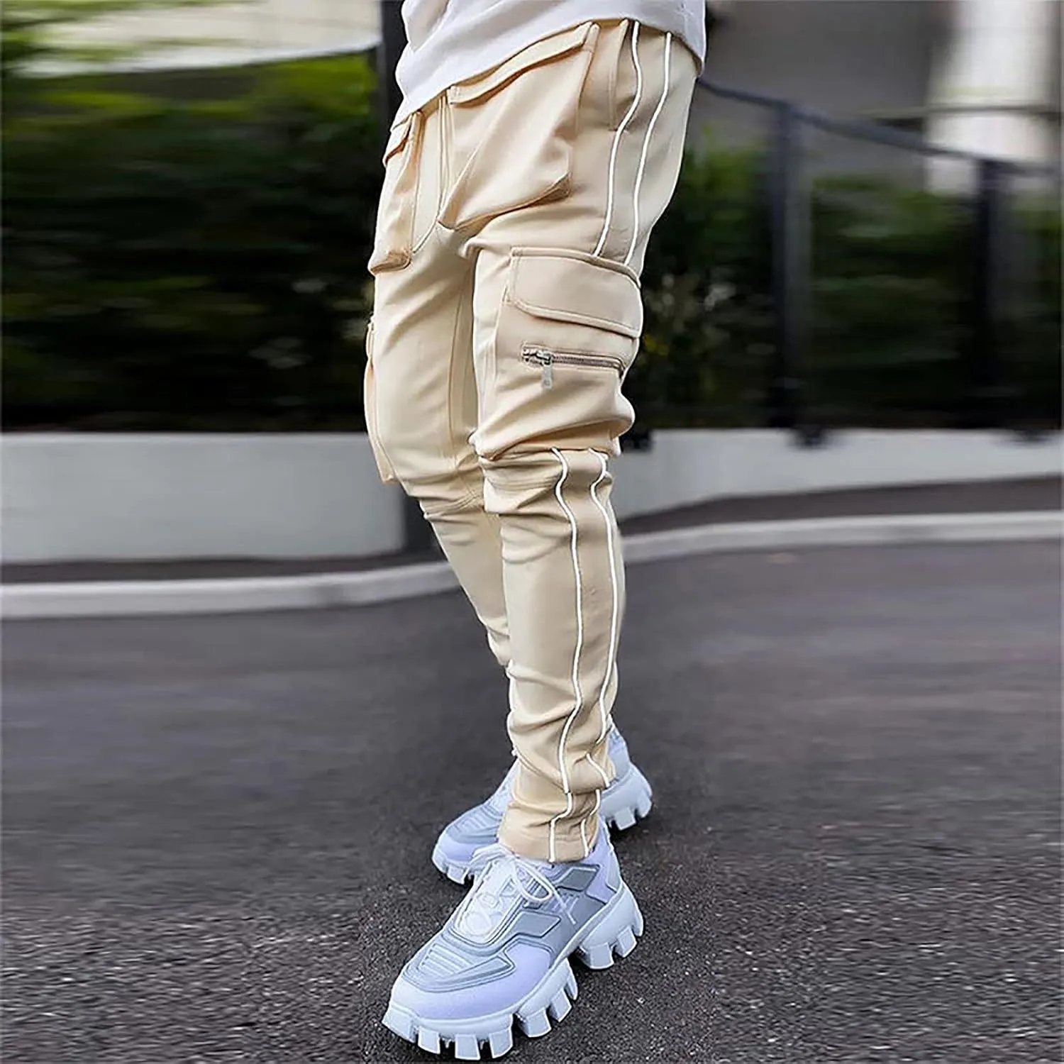 Slim Fit Cargo Pants for Men Multi-Pocket Reflective Straight-Leg Solid Casual Overalls Trousers Stylish Daily Wear