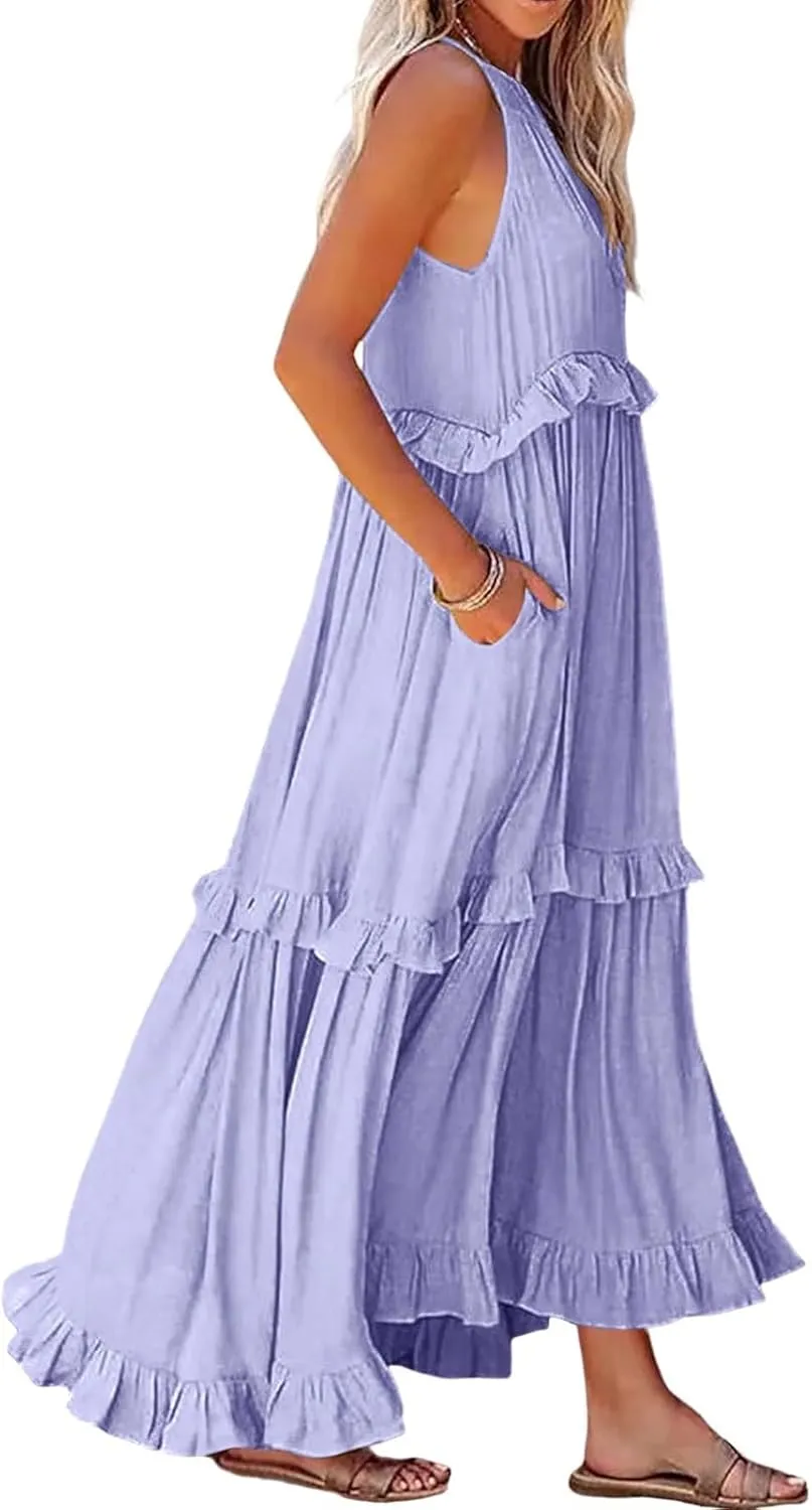 Smocked Dress Women Empire Waist Dress Halter Tie Back Loose Flowy Ruffle Tiered Maxi Dress with Pockets