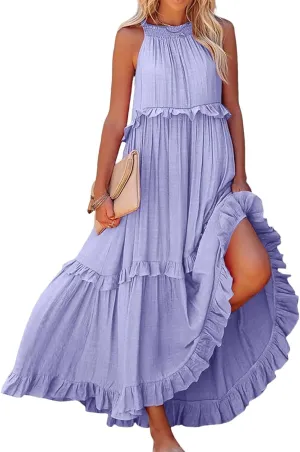 Smocked Dress Women Empire Waist Dress Halter Tie Back Loose Flowy Ruffle Tiered Maxi Dress with Pockets