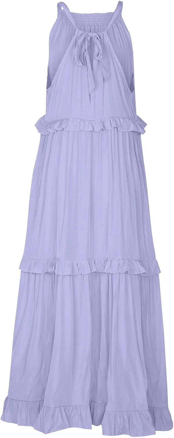 Smocked Dress Women Empire Waist Dress Halter Tie Back Loose Flowy Ruffle Tiered Maxi Dress with Pockets