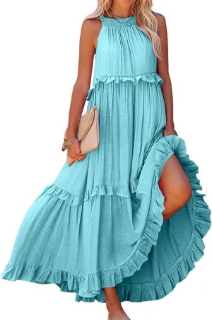Smocked Dress Women Empire Waist Dress Halter Tie Back Loose Flowy Ruffle Tiered Maxi Dress with Pockets