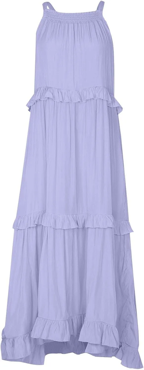 Smocked Dress Women Empire Waist Dress Halter Tie Back Loose Flowy Ruffle Tiered Maxi Dress with Pockets