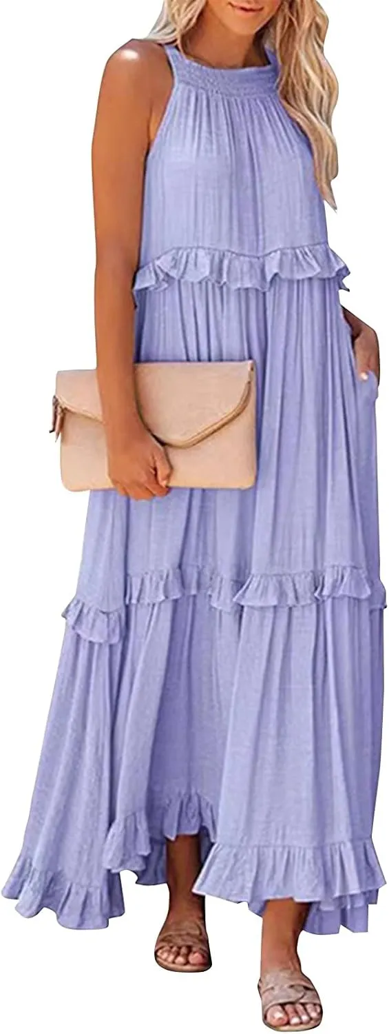 Smocked Dress Women Empire Waist Dress Halter Tie Back Loose Flowy Ruffle Tiered Maxi Dress with Pockets