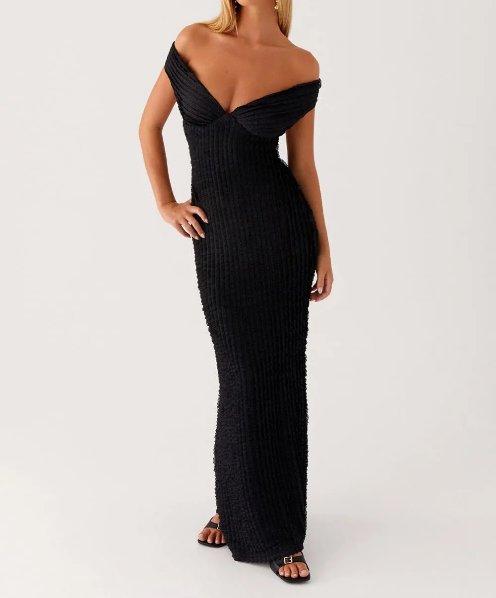 SOLILOQUY Women Elegant Off Shoulder Maxi Dress Ruched Underbust Tie-up Open Back Bodycon Long Dress Party Cocktal Evening