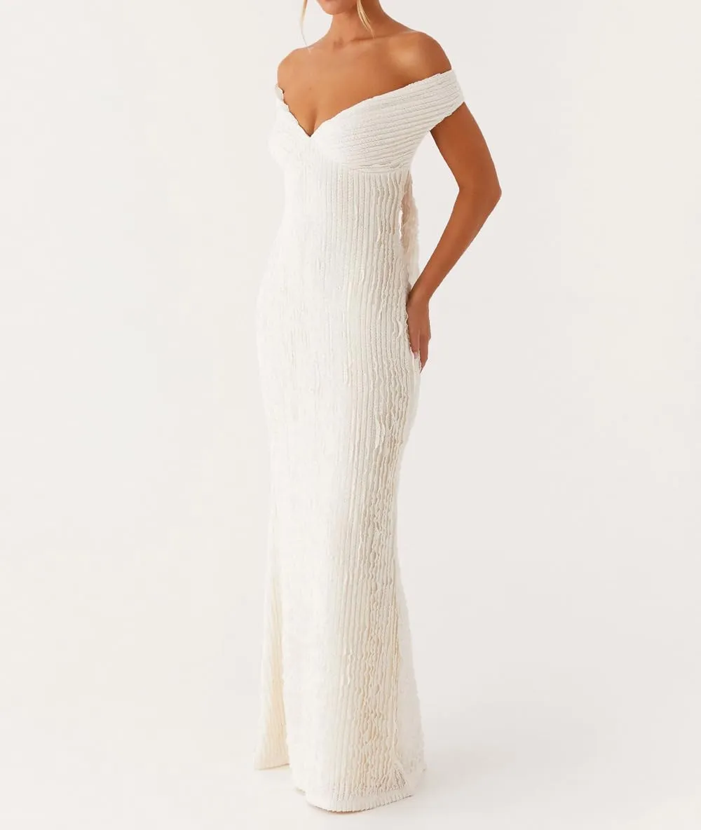 SOLILOQUY Women Elegant Off Shoulder Maxi Dress Ruched Underbust Tie-up Open Back Bodycon Long Dress Party Cocktal Evening